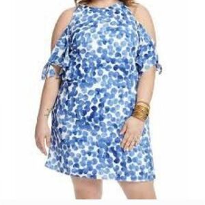 London Times 16W blue white polka dot cold shoulder A-line dress